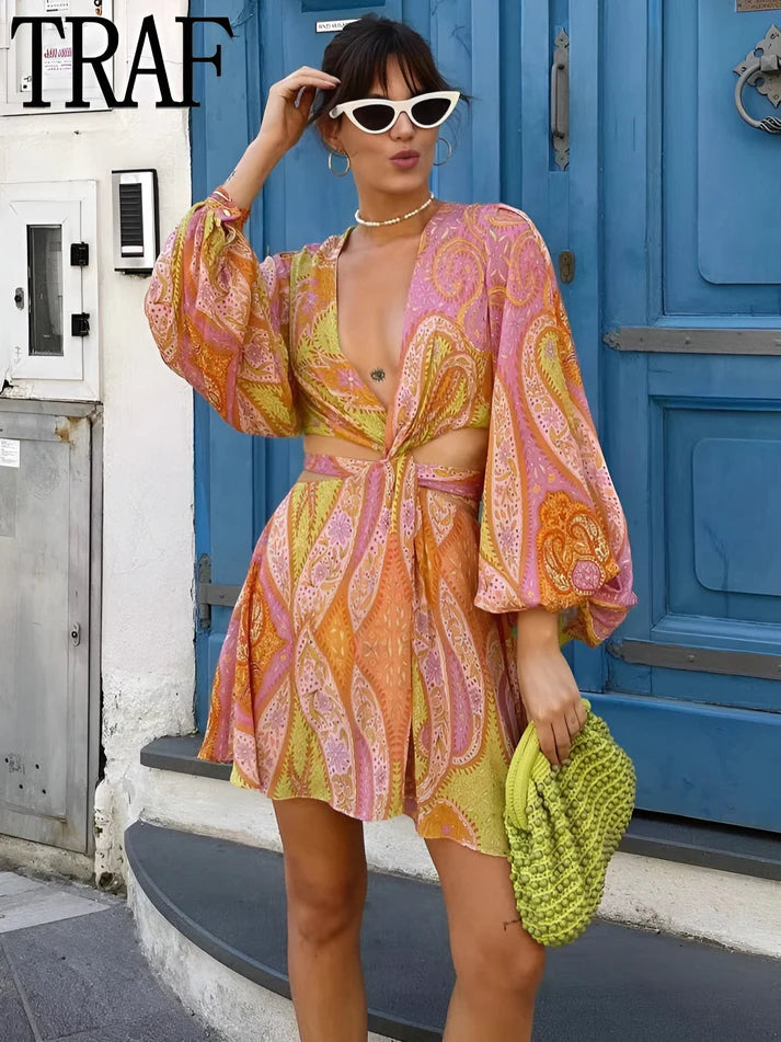 Model wearing Eureka Mini Dress – casual printed summer mini dress with a flowy A-line fit by Santori The Label.