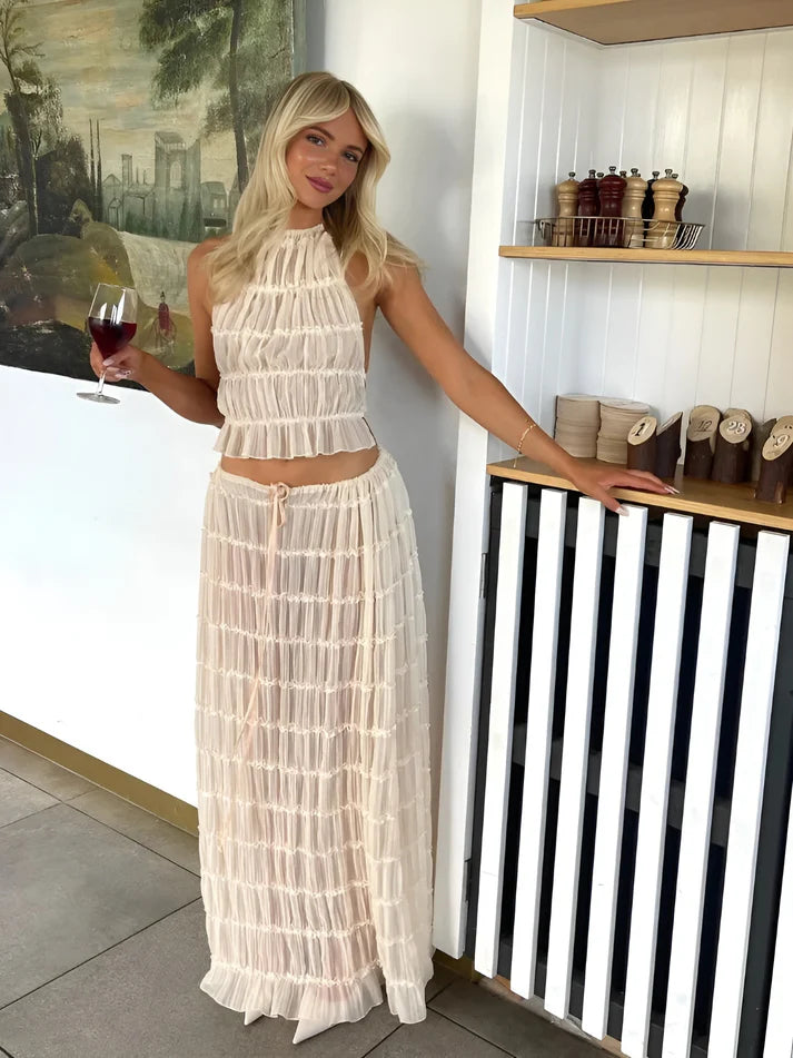 Model wearing Isabella Co-Ord Set – relaxed fit crop top and full-length summer skirt, minimalist solid style by Santori The Label