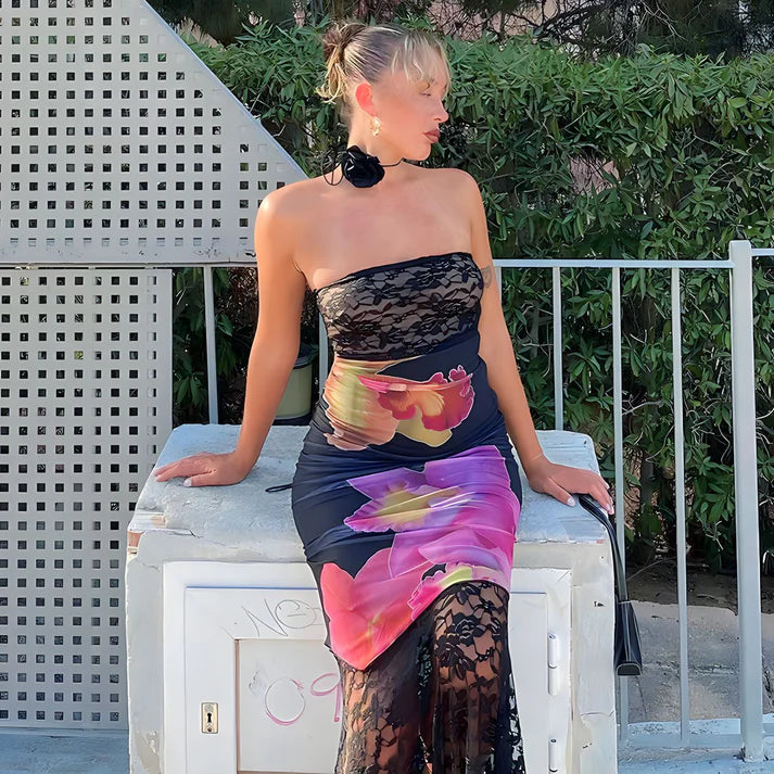 Model wearing Ishna Maxi Dress – fitted patchwork mermaid silhouette dress by Santori The Label.