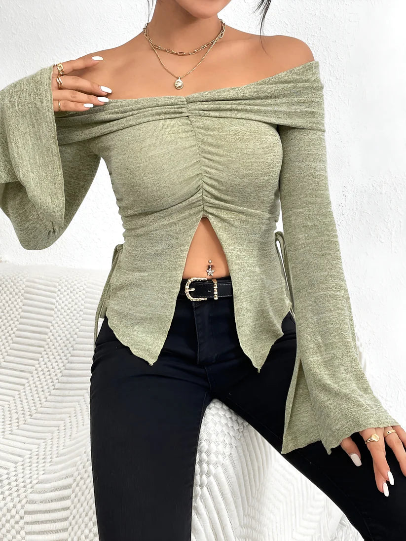 Model wearing Julianna Top – fitted cropped pleated knit top for winter streetwear by Santori The Label.