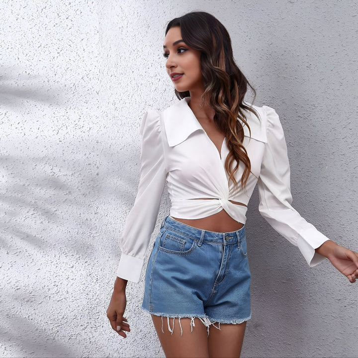Model wearing Karelle Longsleeve Top – slim fit chiffon long sleeve top with a clean casual style by Santori The Label.