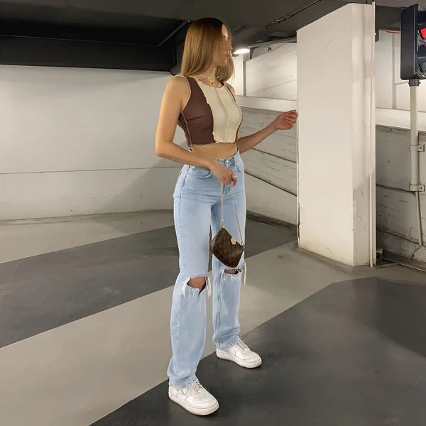 Model wearing Mika Pants – straight-leg ankle trousers with high waist and relaxed fit, by Santori The Label