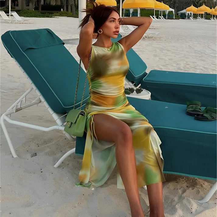 Model wearing Patricia Maxi Dress – minimalist full-length maxi dress in elegant solid tone by Santori The Label.