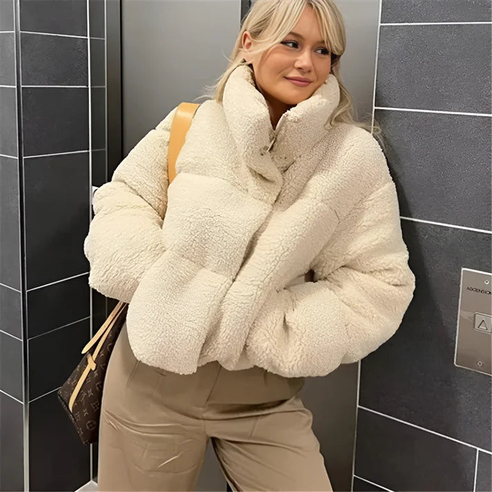 Model wearing Perry Jacket – short wide-waisted women’s winter jacket with stretch and tailored silhouette by Santori The Label