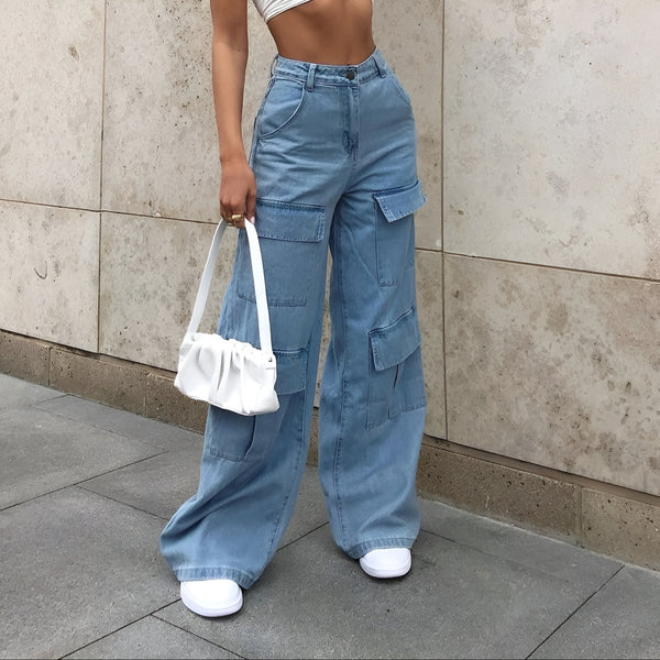 Model wearing Reema Denim Pants – ankle-length wide-leg mid-rise trousers with clean high street style, by Santori The Label