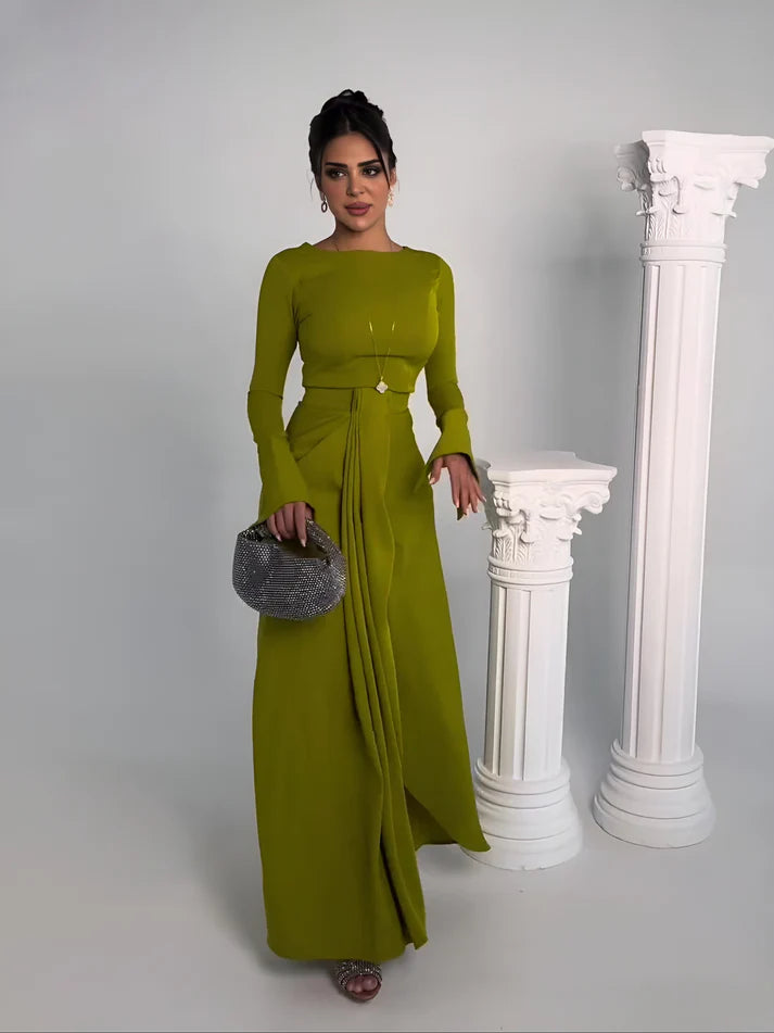 Model wearing Rosie Longsleeve Maxi Dress – soft cotton-blend A-line maxi for casual elegance by Santori The Label.