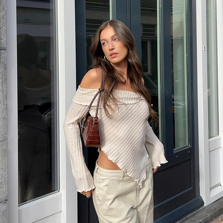 Model wearing Stassy Long Sleeve Top – lightweight broadcloth long sleeve top in chic minimalist design by Santori The Label.