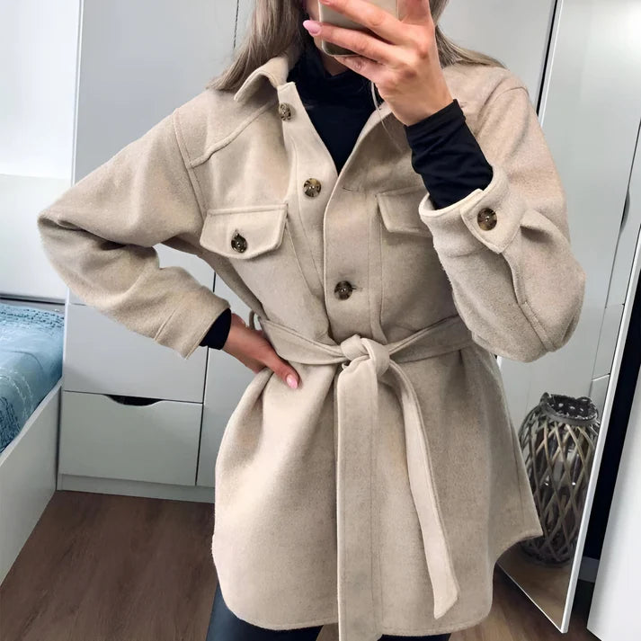 Model wearing Sylvanna Jacket – high-waisted structured polyester outerwear for women by Santori The Label