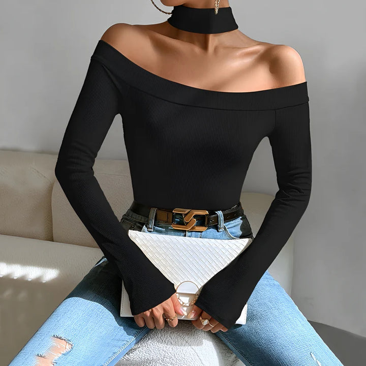 Model wearing Yui Top – slim structured knit top for cooler seasons by Santori The Label.