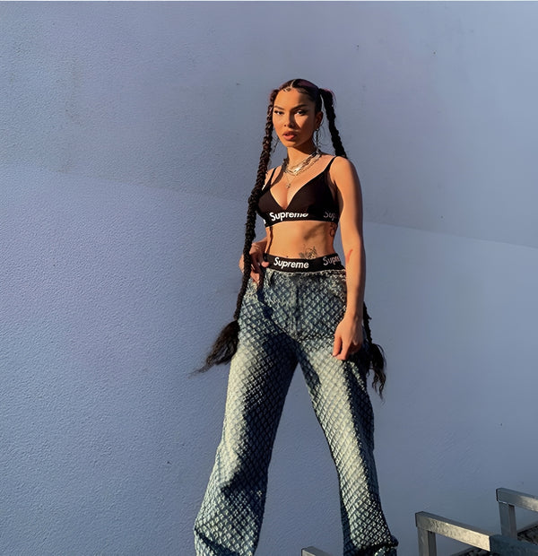 Model wearing Zilla Pants – full-length wide-leg cotton trousers with patchwork plaid detail, by Santori The Label