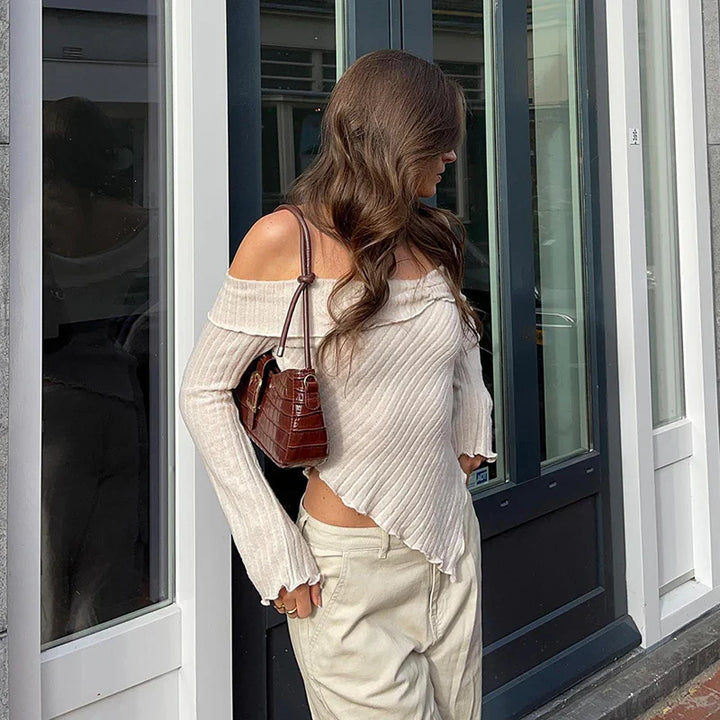 Model wearing Stassy Long Sleeve Top – lightweight broadcloth long sleeve top in chic minimalist design by Santori The Label.