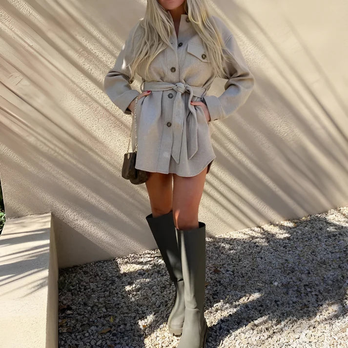 Model wearing Sylvanna Jacket – high-waisted structured polyester outerwear for women by Santori The Label