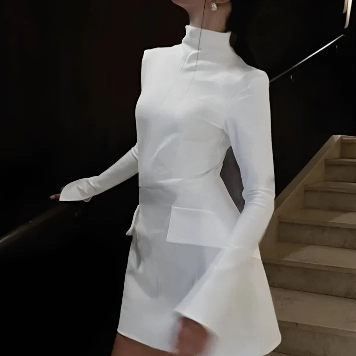 Model wearing Autumn Longsleeve Mini Dress – sleek winter bodycon with long sleeves by Santori The Label.