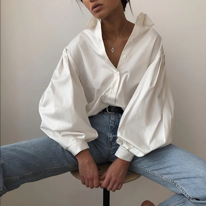 Model wearing Grayz Top – relaxed loose fit polyester blend casual top for summer by Santori The Label.