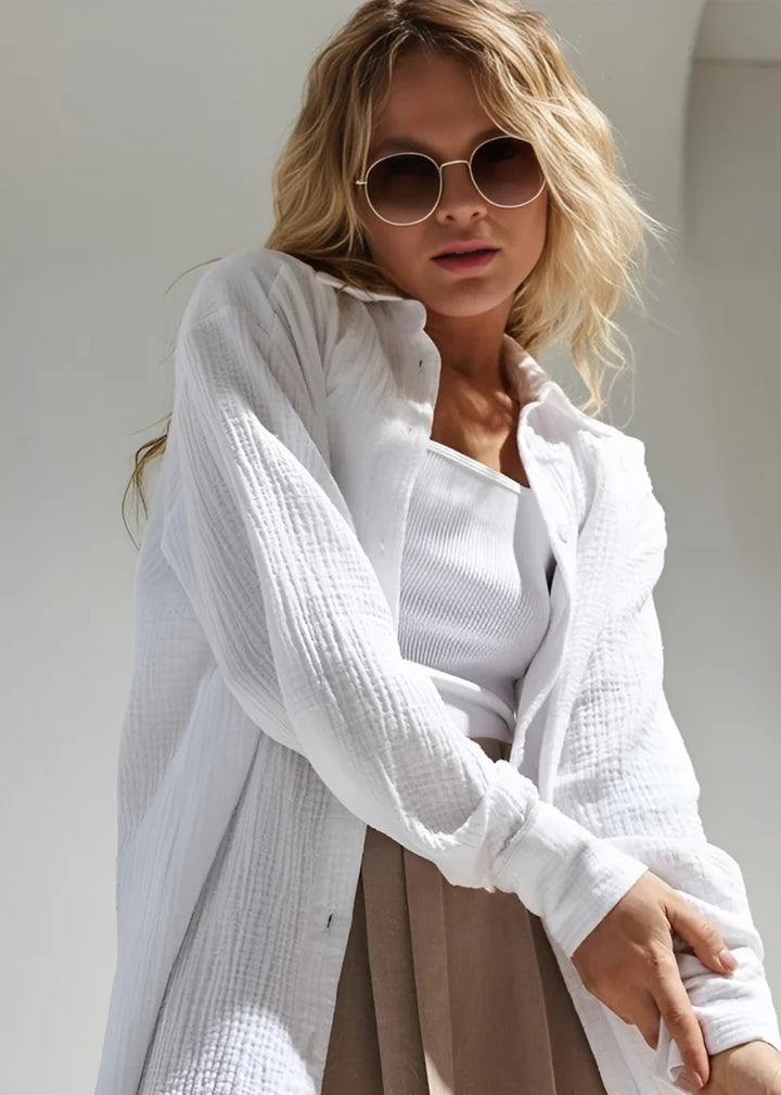 Model wearing Lilia Long Sleeve Top – relaxed cotton long sleeve top in soft natural fabric by Santori The Label.