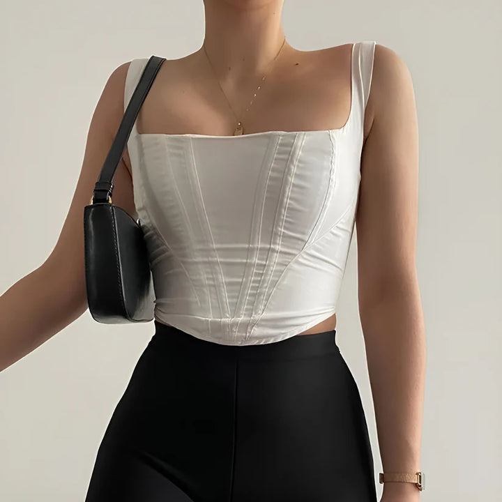 Model wearing Riley Top – slim streetwear summer crop top with medium stretch by Santori The Label.
