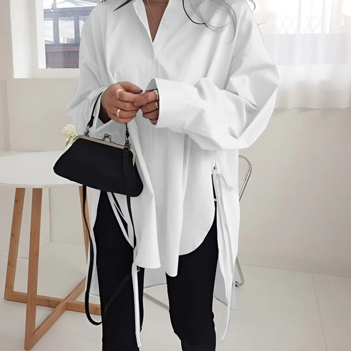 Model wearing Selma Long Sleeve Top – loose, flowy top for women in minimalist autumn styling by Santori The Label.