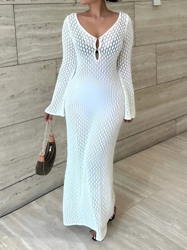 Model wearing Taliah Maxi Dress – patchwork high-stretch winter maxi with flowing silhouette by Santori The Label.
