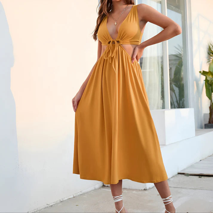 Model wearing Kattan Midi Dress – silk high-stretch beach mini dress with A-line cut by Santori The Label.