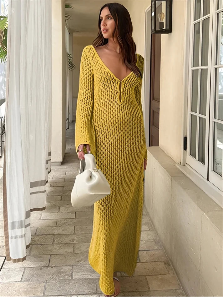 Model wearing Taliah Maxi Dress – patchwork high-stretch winter maxi with flowing silhouette by Santori The Label.