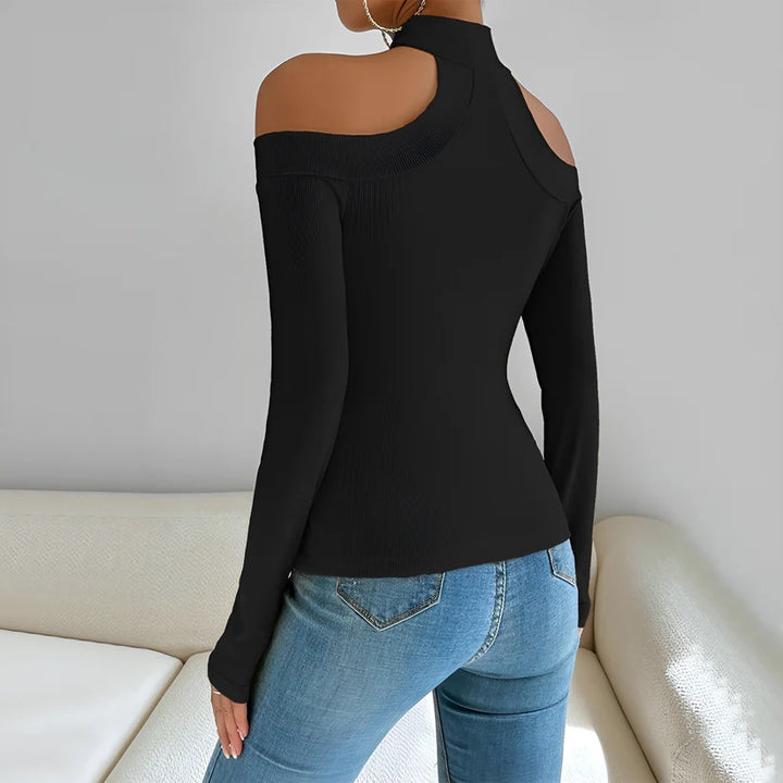Model wearing Yui Top – slim structured knit top for cooler seasons by Santori The Label.